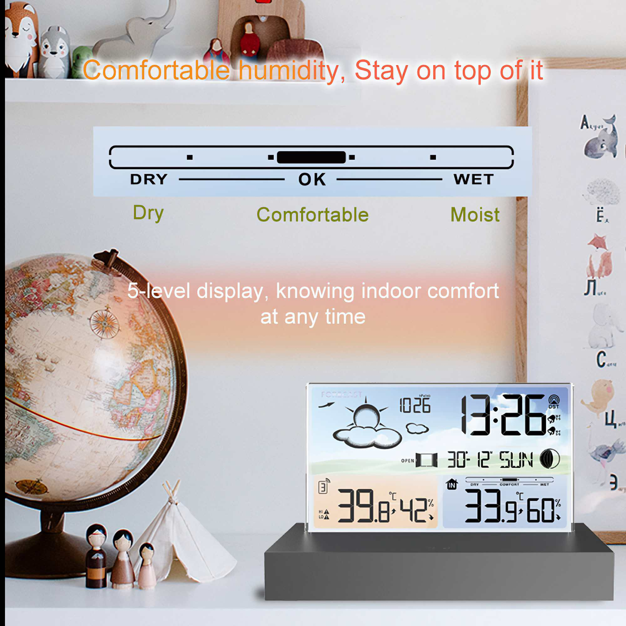 Ein digitales Gerät zeigt Zeit, Wetterdaten und Luftfeuchtigkeit an. Ein Globus, Figuren und Dekorationen sind zu sehen.