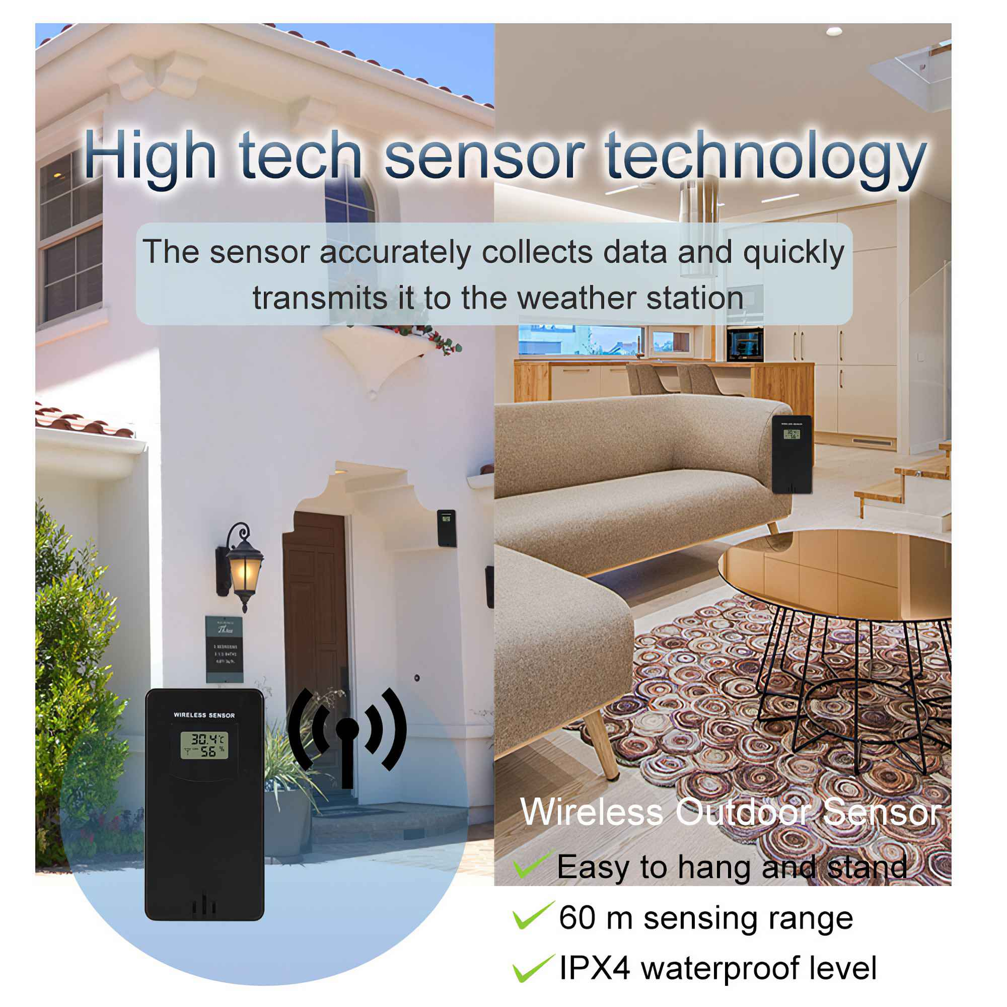 Das Bild zeigt einen drahtlosen Sensor, der Temperatur und Luftfeuchtigkeit anzeigt. Außen- und Innenansichten werden gezeigt. Text zeigt Sensortechnologie.