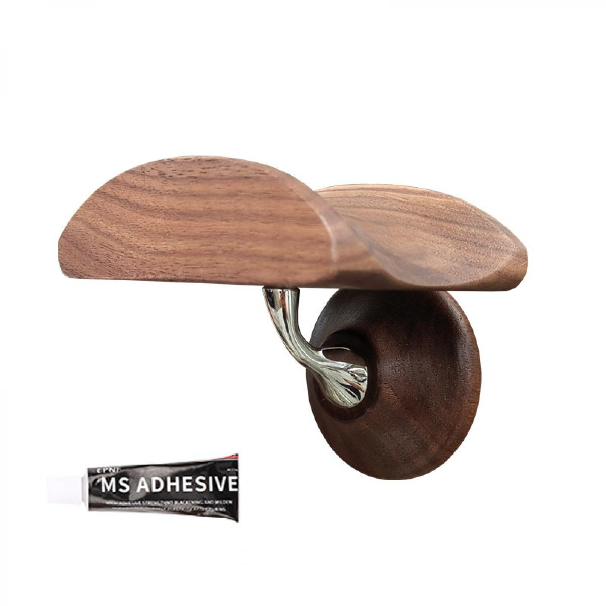 Ein Holzregal mit geschwungenem Design. Es ist mit einer silbernen Metallhalterung an einer Wand befestigt. Eine Tube MS-Klebstoff ist vorhanden.