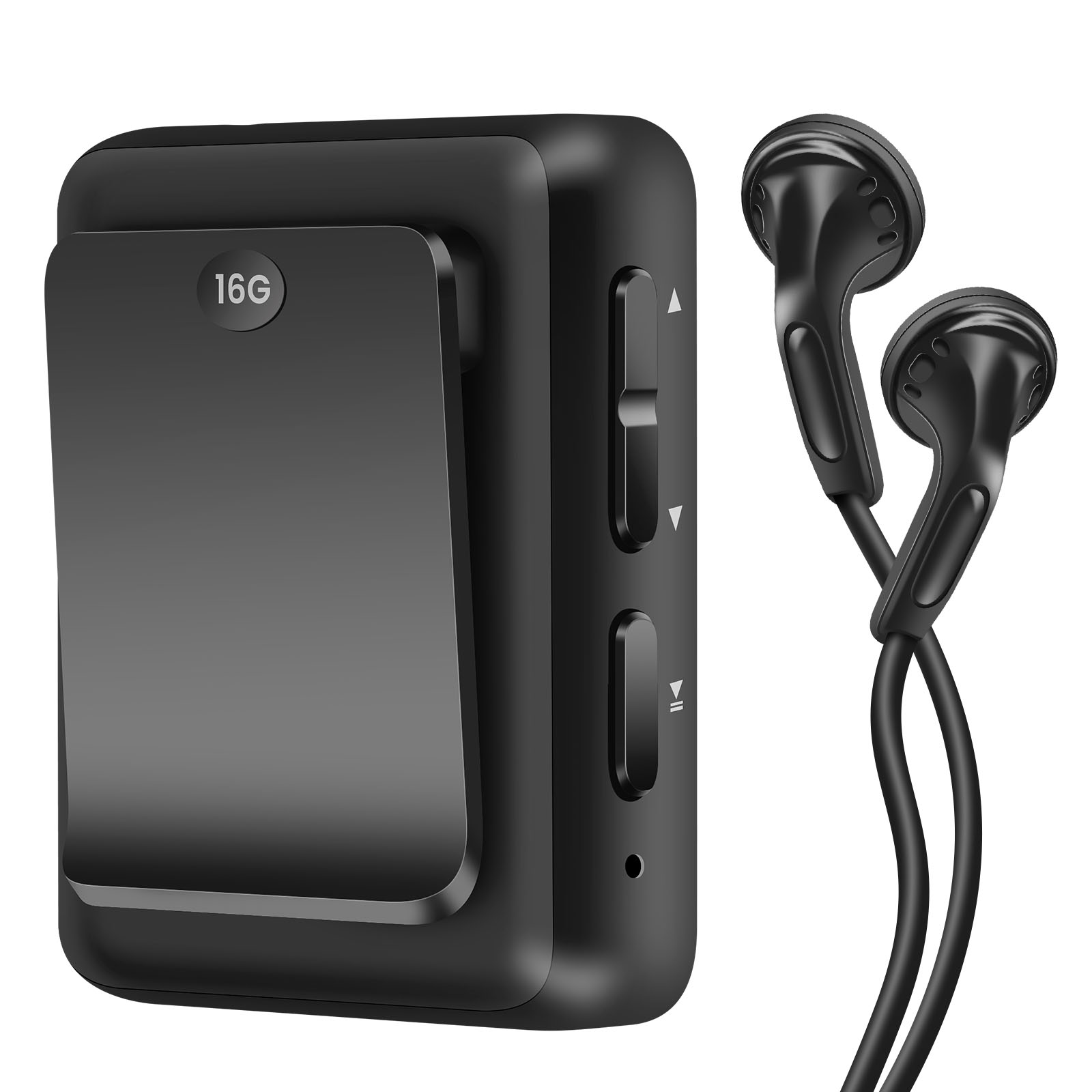 Lettore MP3 nero con clip e auricolari. Ha pulsanti e un'etichetta 16G. Auricolari collegati.