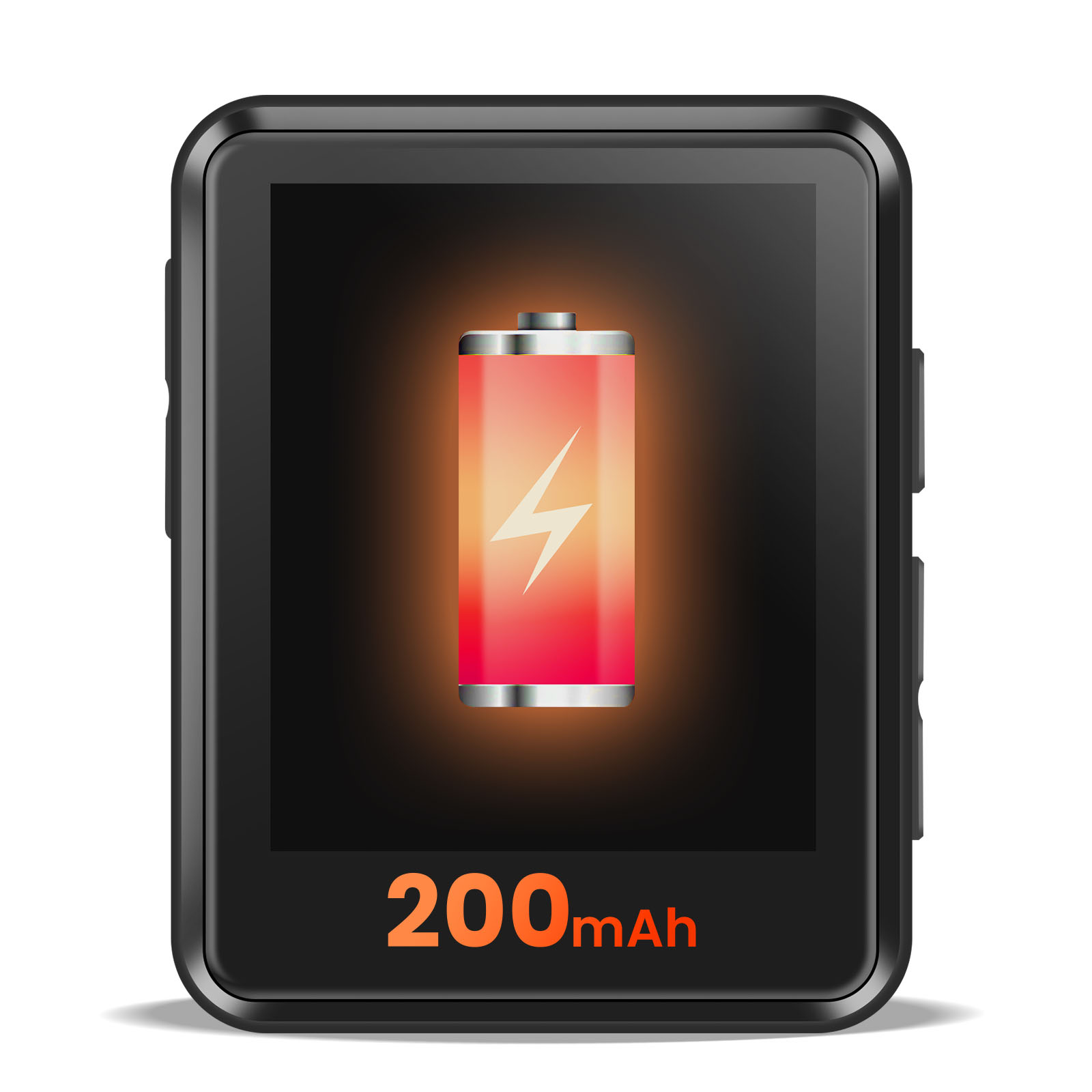 Uno smartwatch mostra l'icona di ricarica della batteria. Ha una batteria rossa e bianca con un fulmine e 200mAh.