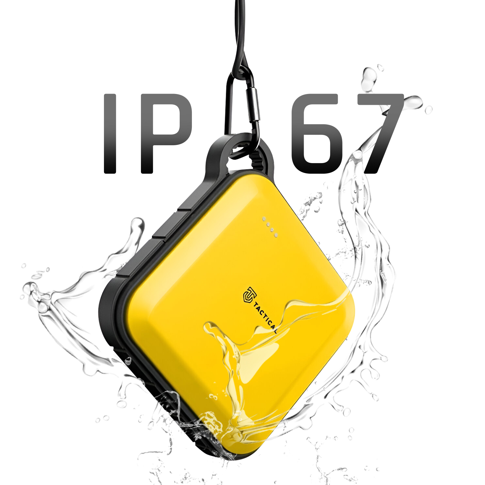 Gelbe, wasserfeste Powerbank mit schwarzen Akzenten. Wasser spritzt um sie herum. Der Text 'IP67' ist im Hintergrund.