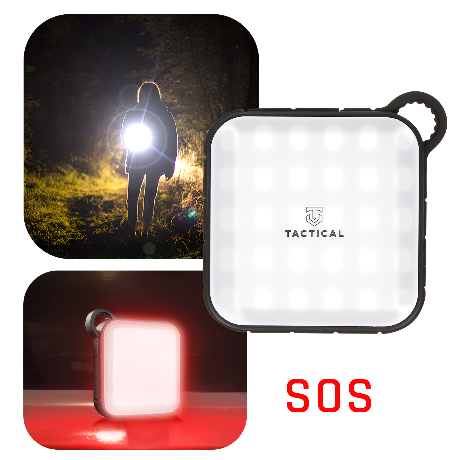 Das Bild zeigt eine Person mit einer Taschenlampe im Dunkeln, ein weißes LED-Licht und eine SOS-Nachricht in roten Buchstaben.