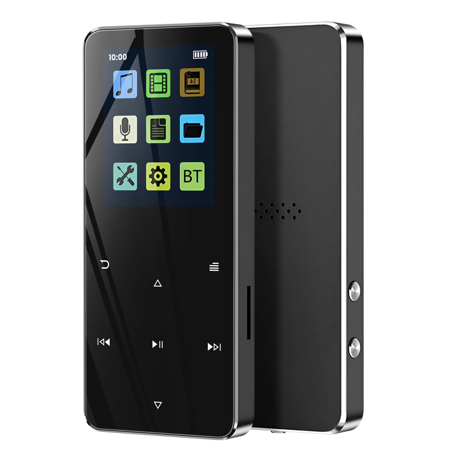 Un lettore MP3 nero con touchscreen mostra icone. Il retro è nero e i lati argentati.
