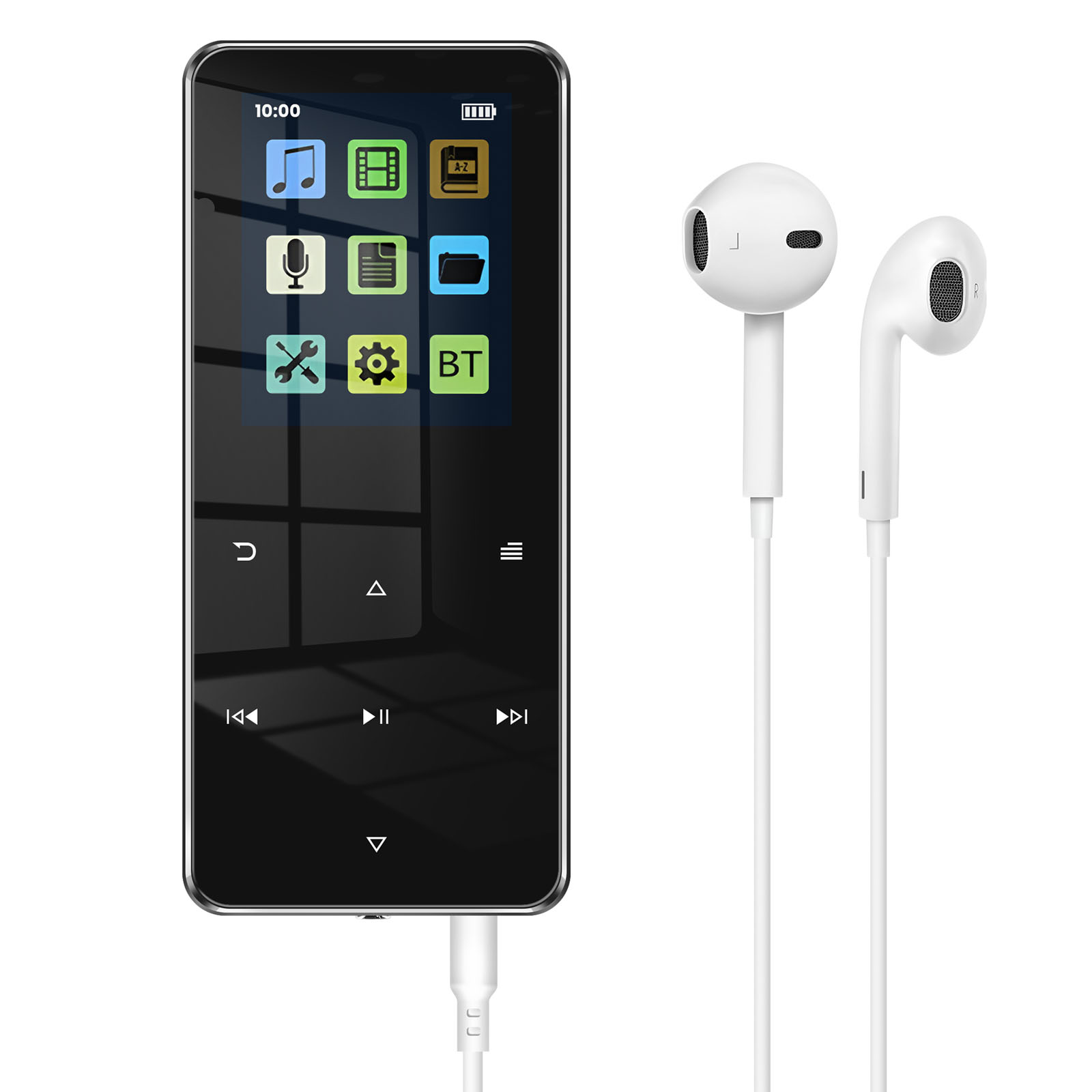 Lettore MP3 nero con auricolari bianchi. Lo schermo mostra icone. Gli auricolari sono collegati al lettore con un cavo bianco.