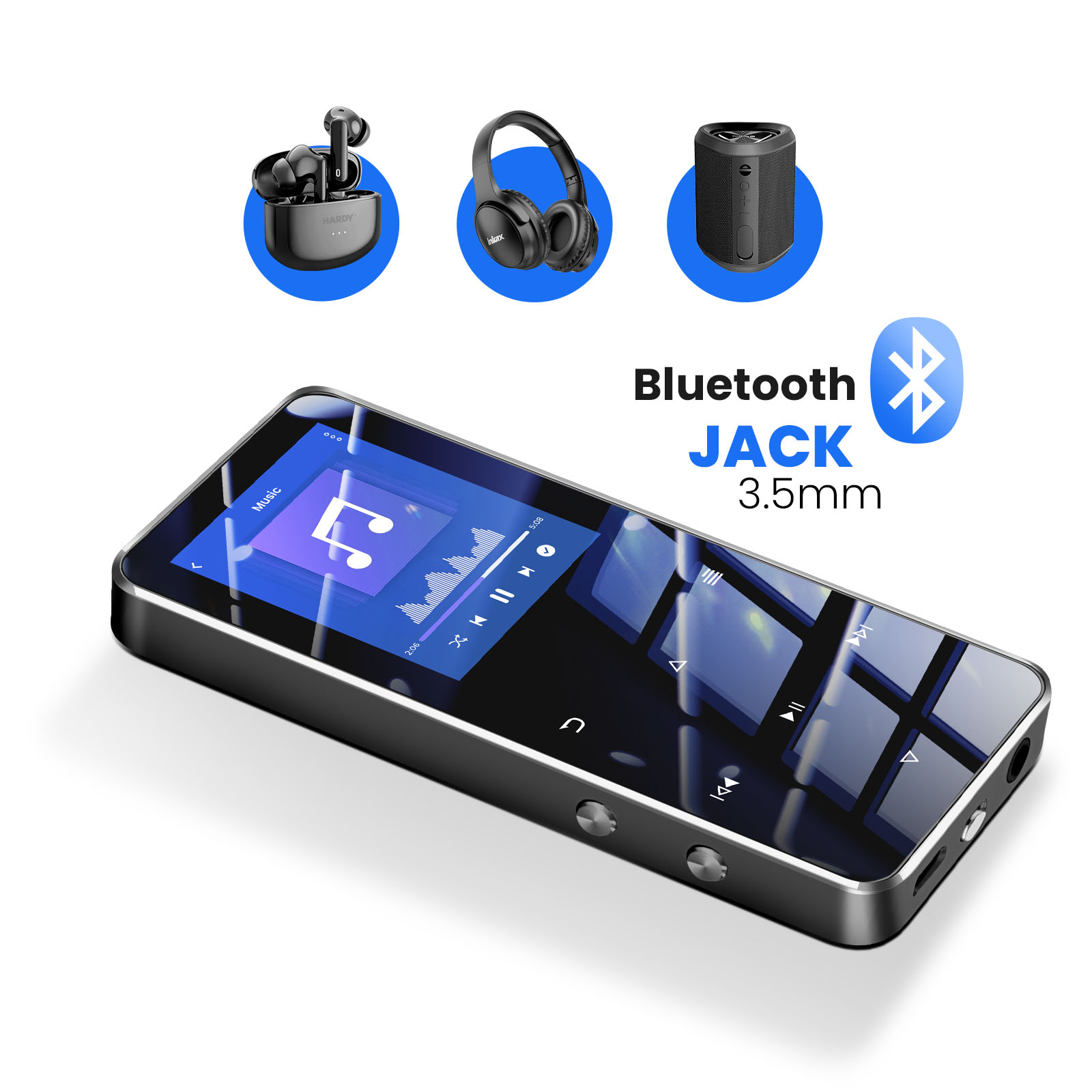 L'immagine presenta un lettore musicale, cuffie, auricolari e un altoparlante. Il testo promuove Bluetooth e jack da 3,5 mm.