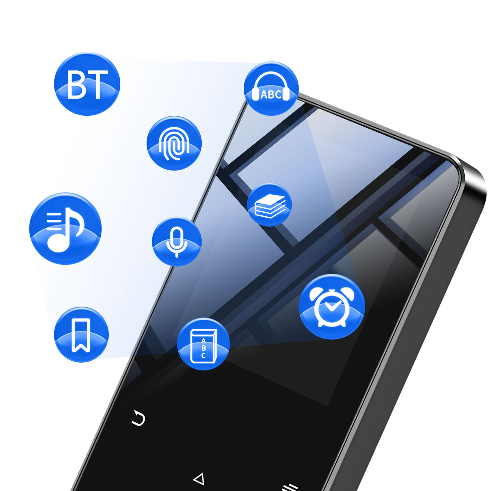 Uno smartphone nero con icone blu. Le icone includono Bluetooth, impronta digitale, nota musicale, microfono, segnalibro, libro e sveglia.