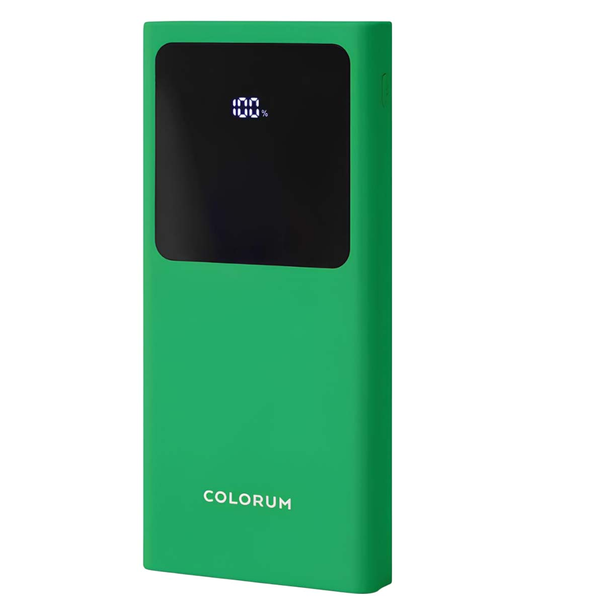 Un power bank verde con display nero che mostra 100%. Il marchio 'COLORUM' è in basso.