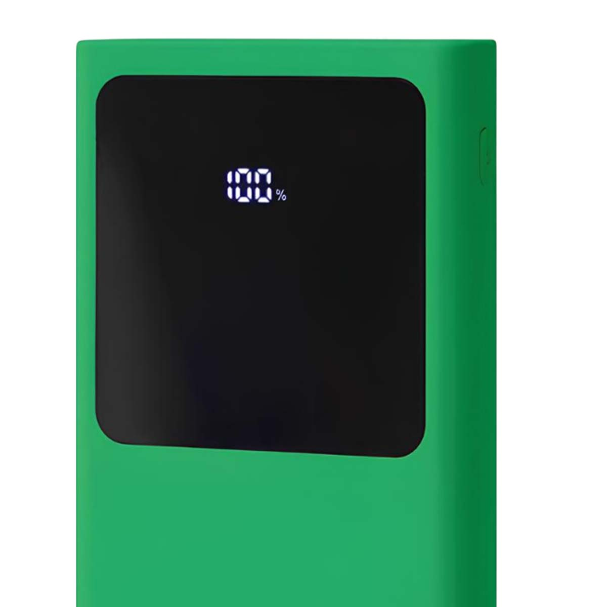 Un power bank verde con display nero che mostra il 100%. Il display è rettangolare con angoli arrotondati.