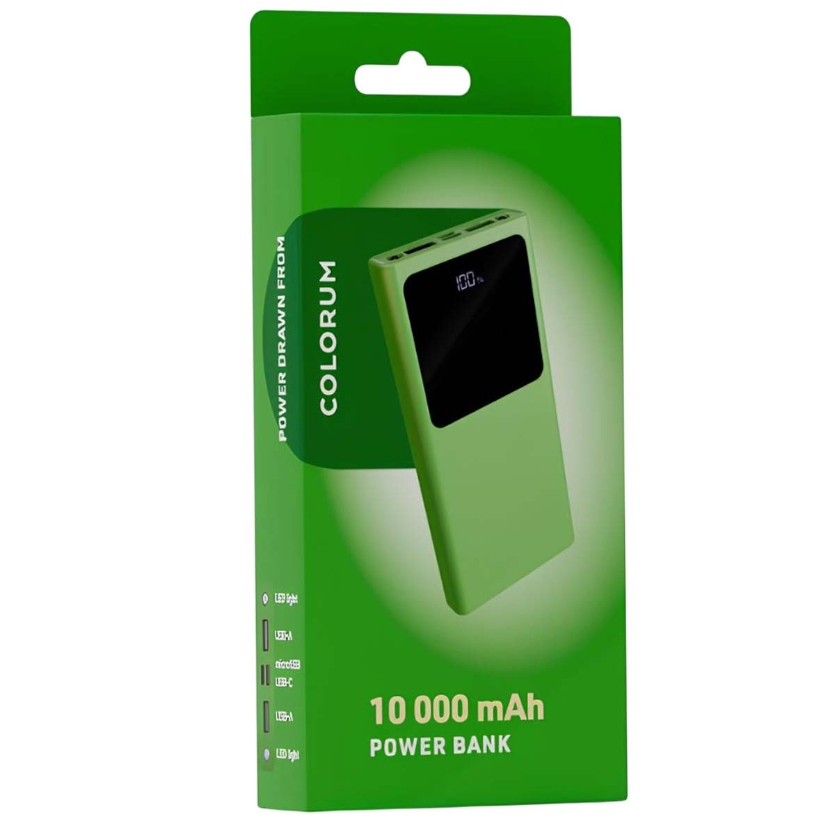 Power bank verde su una scatola verde. La scatola dice 'COLORUM 10 000 mAh POWER BANK'. Il power bank mostra 100% sullo schermo.