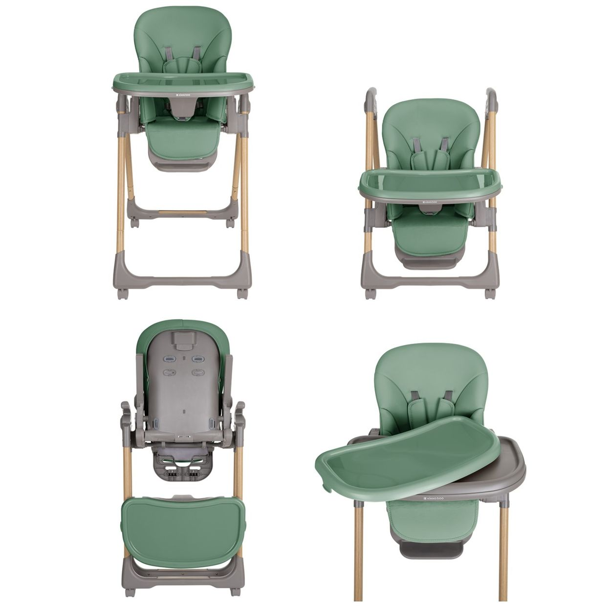 Cuatro vistas de una trona verde. Tiene una bandeja, asiento y patas de madera. La bandeja es extraíble.