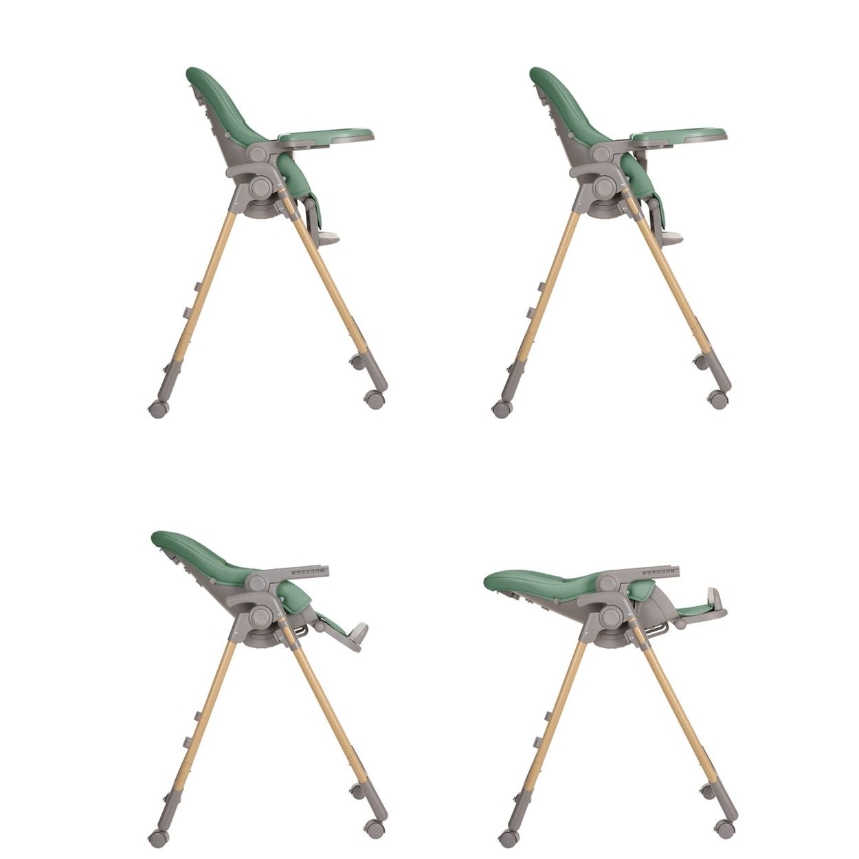 Cuatro tronas para bebés con asientos verdes y patas de madera están dispuestas sobre un fondo blanco.