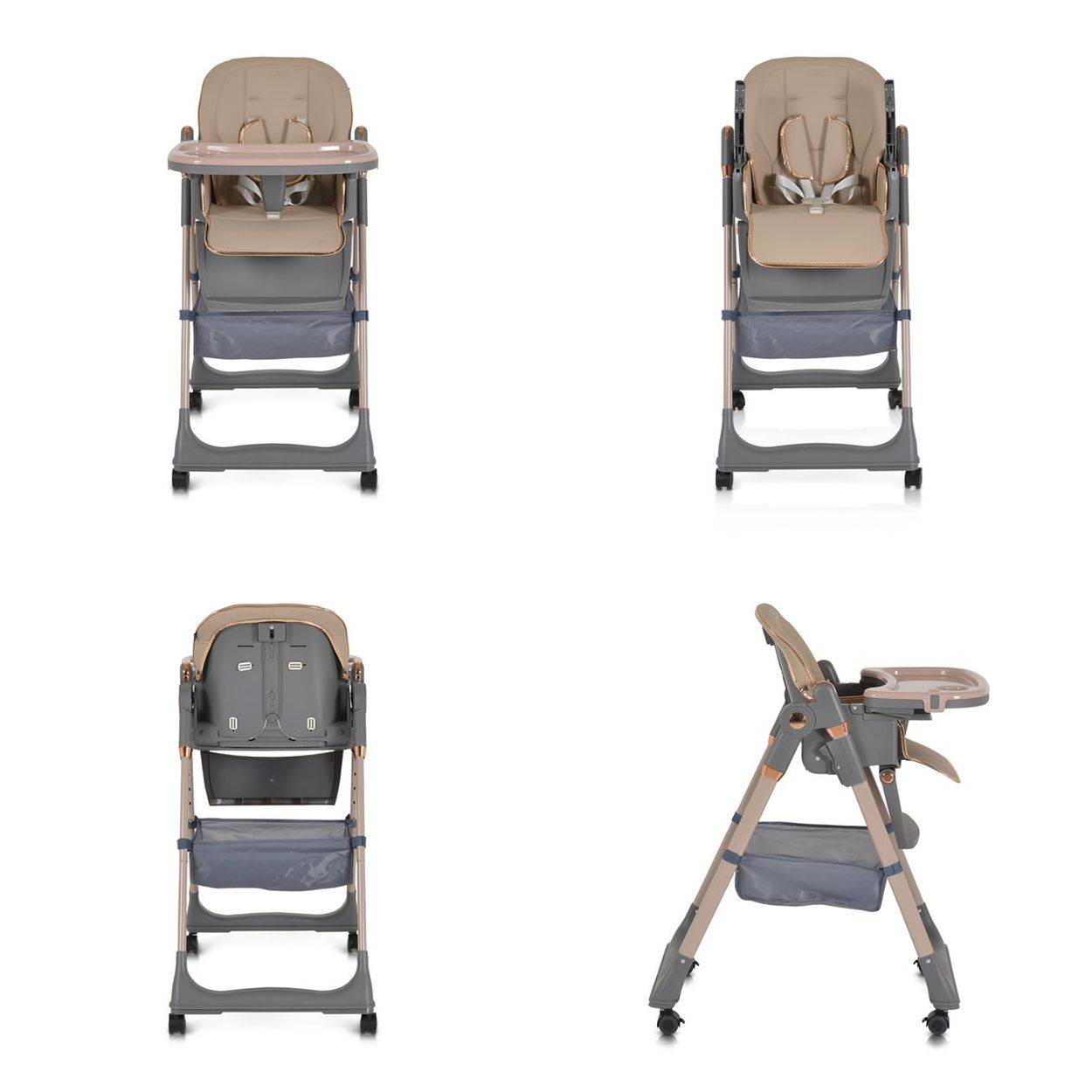 Vier Ansichten eines beige-grauen Babyhochstuhls. Der Stuhl hat ein Tablett, eine Fußstütze und einen Aufbewahrungskorb. Auf weißem Hintergrund.
