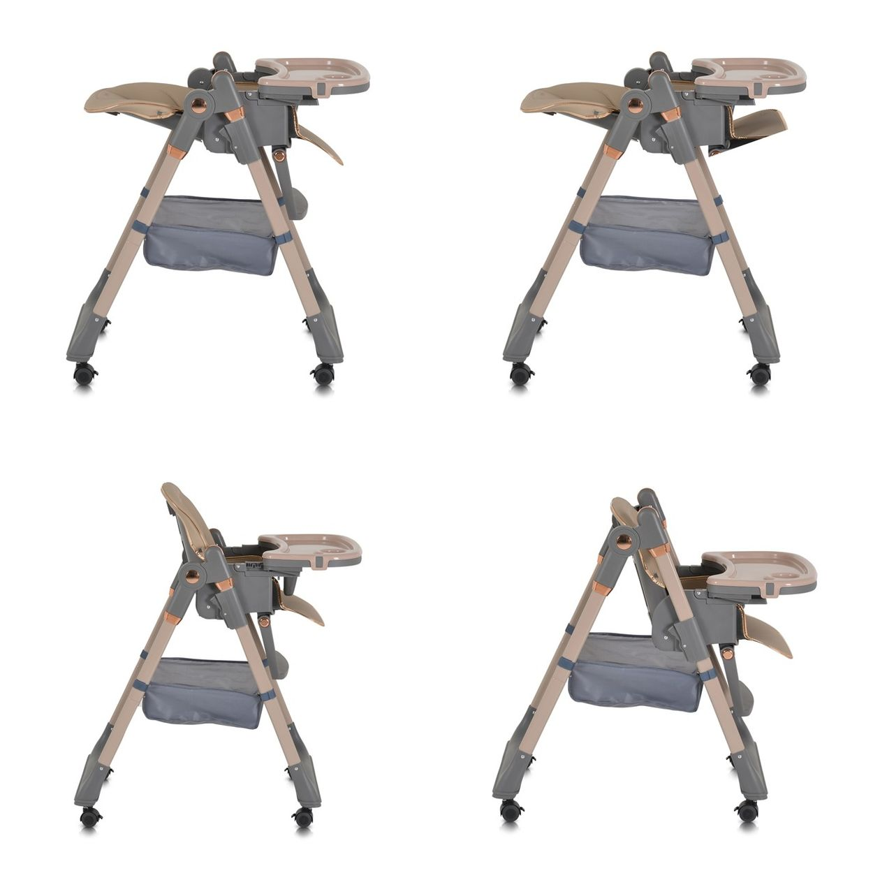 Vier beige und graue Hochstühle werden gezeigt. Jeder hat ein Tablett, einen Sitz und Stauraum. Sie stehen auf weißem Hintergrund.