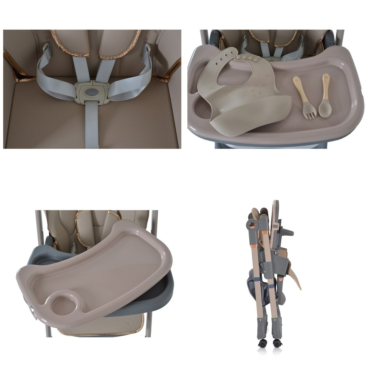 Hochstuhl mit Tablett, Lätzchen und Utensilien. Zusammengeklappter Stuhl gezeigt. Beige, grau und goldfarben. Vier Bilder.
