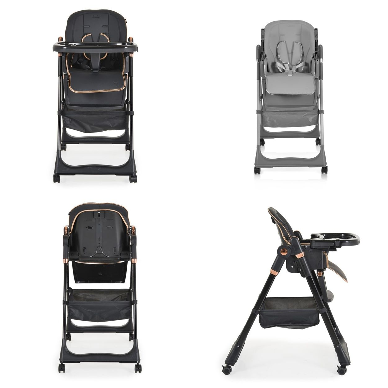 Vier Ansichten eines Babyhochstuhls. Schwarzer Rahmen mit goldenen Akzenten, schwarzem Sitz und Tablett. Er hat eine Fußstütze und Räder.