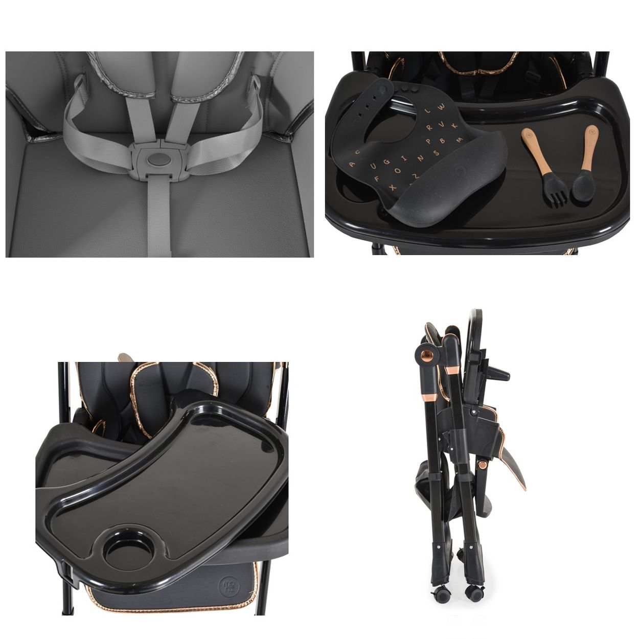 Ein Babyhochstuhl. Grauer Sitz mit Gurtzeug. Schwarzer Tablett mit Lätzchen, Löffel und Gabel. Der zusammengeklappte Stuhl zeigt Beine und Räder.