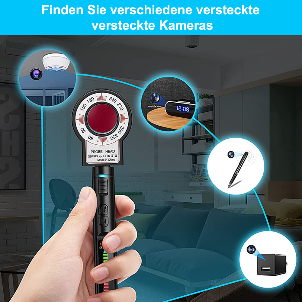 Eine Hand hält ein Gerät zur Erkennung versteckter Kameras. Das Bild zeigt Beispiele für versteckte Kameras, einschließlich einer Uhr und eines Stifts.