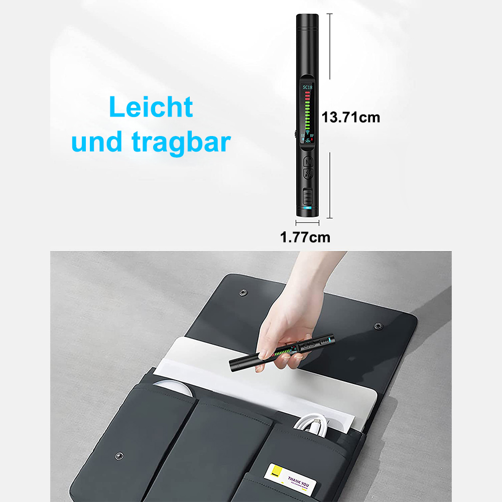 Eine Hand hält ein schwarzes Gerät über einer offenen grauen Hülle. Das Gerät hat ein Display. Der Text lautet 'Leicht und tragbar'.