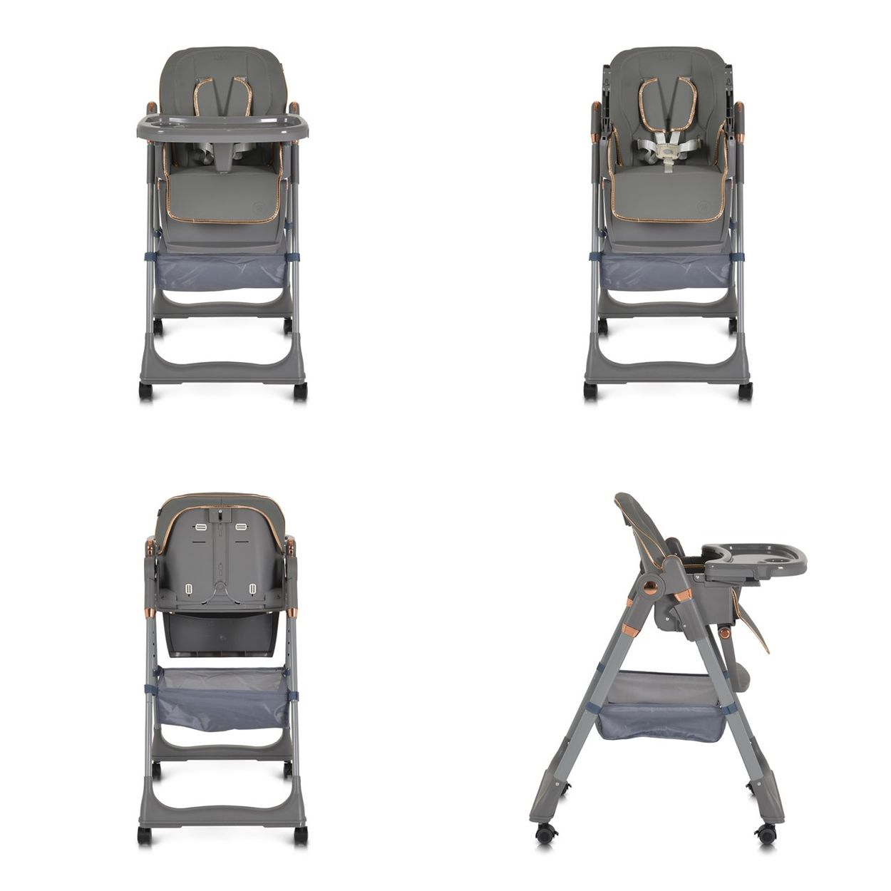 Vier Ansichten eines grauen Babyhochstuhls mit Tablett. Er hat einen gepolsterten Sitz, Sicherheitsgurte und einen Aufbewahrungskorb. Goldakzente.