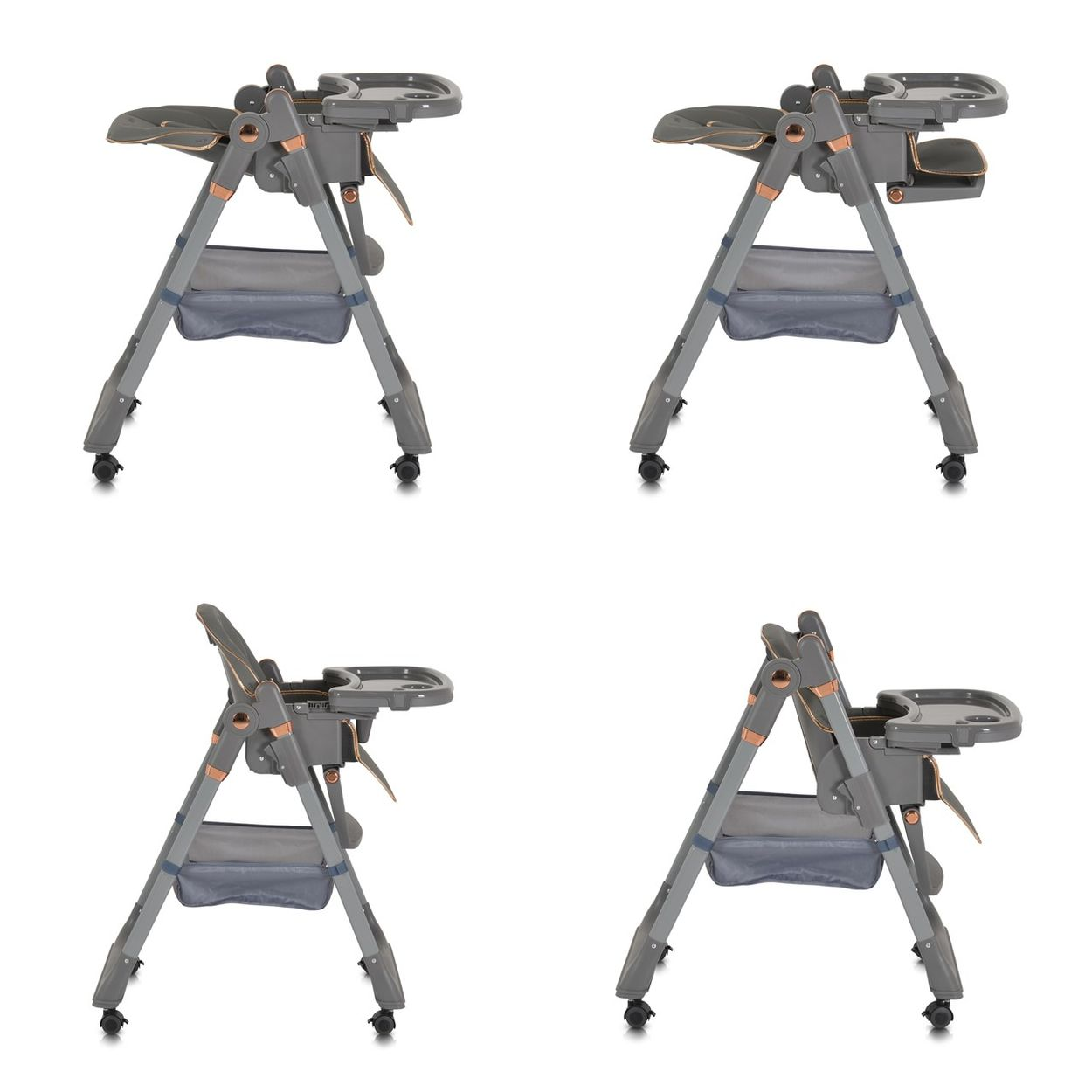 Vier graue Babyhochstühle mit Tabletts werden vor einem weißen Hintergrund gezeigt.