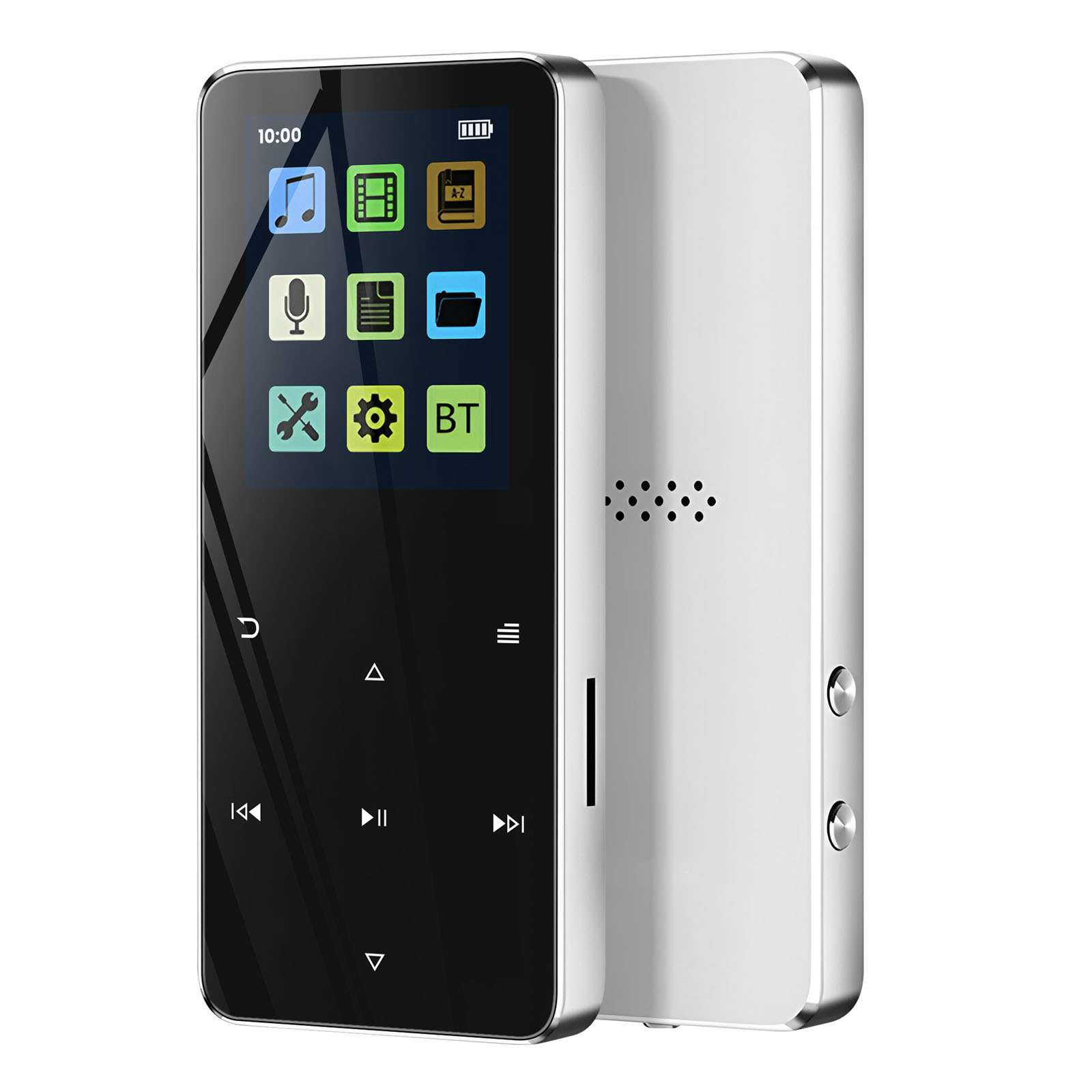 Un lettore MP3 bianco e nero con uno schermo che mostra icone. Il lato destro è bianco con pulsanti e fori.