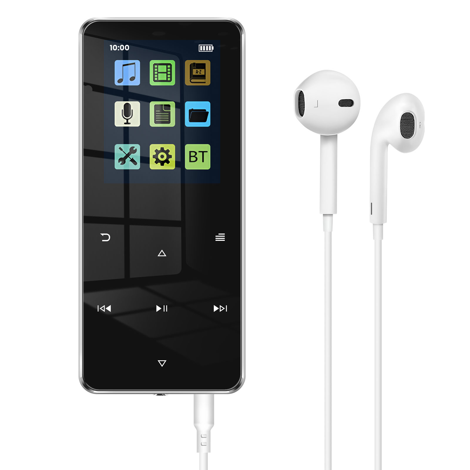 Un lettore MP3 nero con auricolari bianchi. Il lettore ha uno schermo con icone. Un cavo bianco lo collega.