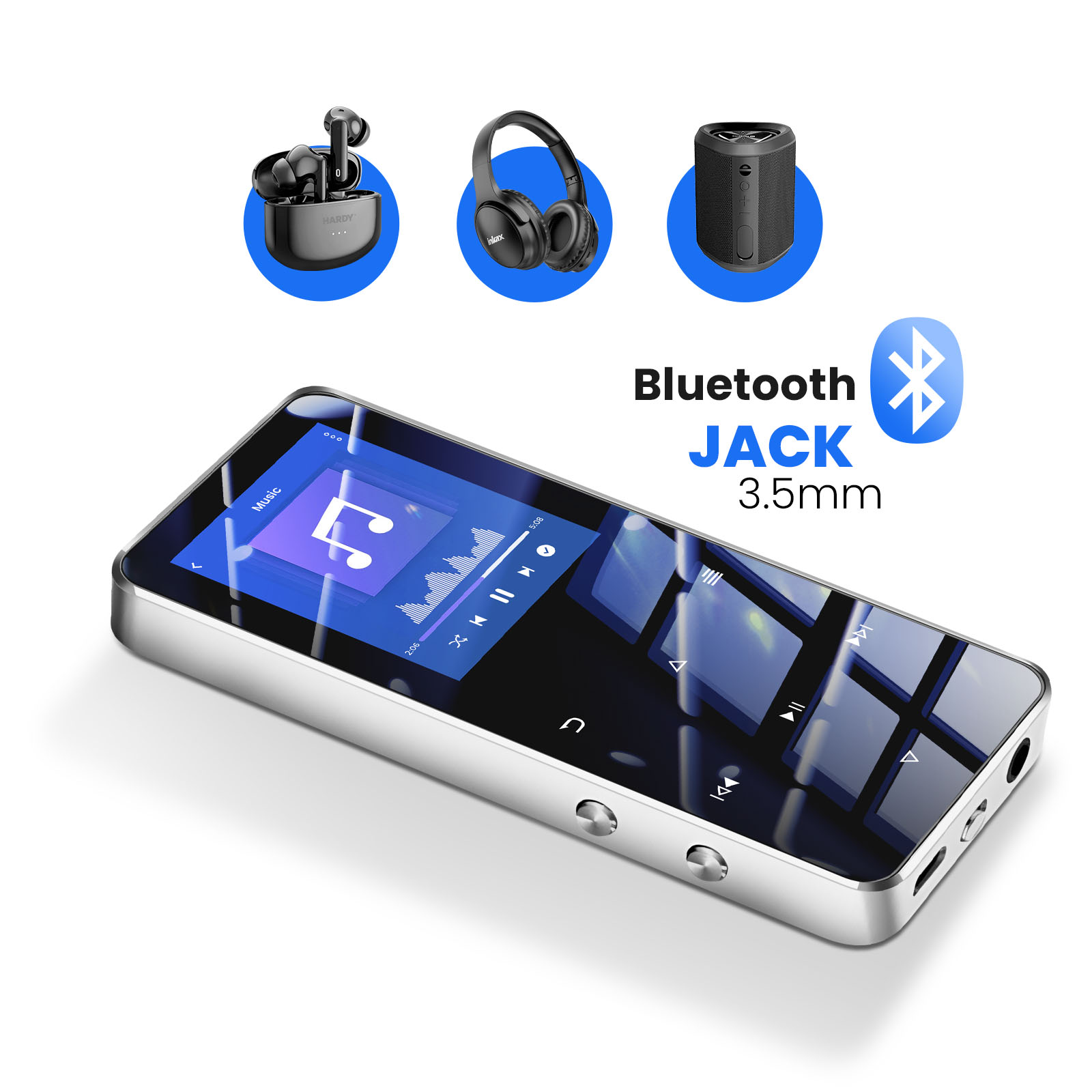 L'immagine mostra un lettore musicale con cuffie, auricolari e un altoparlante. Il testo dice Bluetooth, Jack, 3,5 mm.