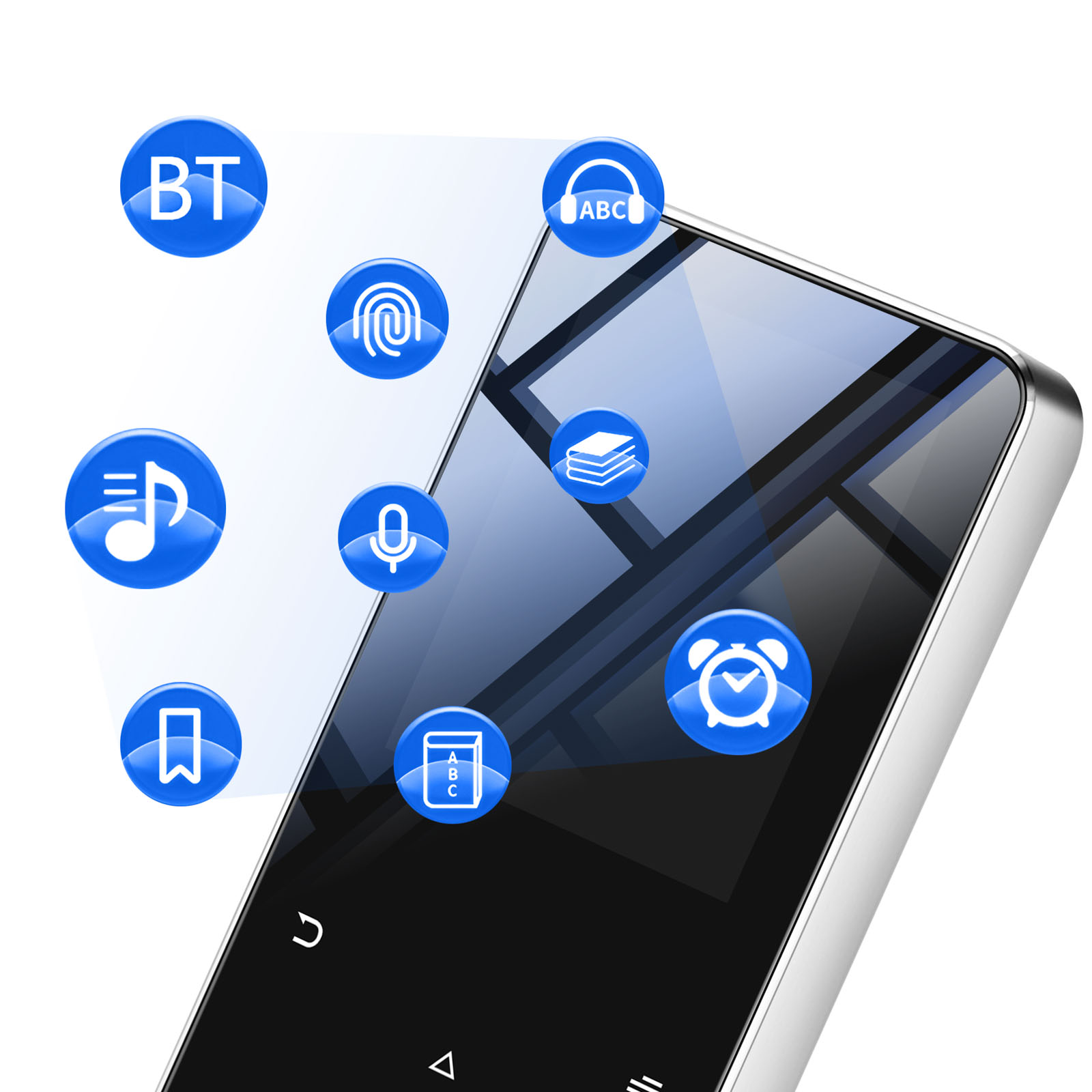 Uno smartphone con icone blu per impostazioni come musica, sveglia e Bluetooth. Lo schermo ha una finitura lucida ed è nero.