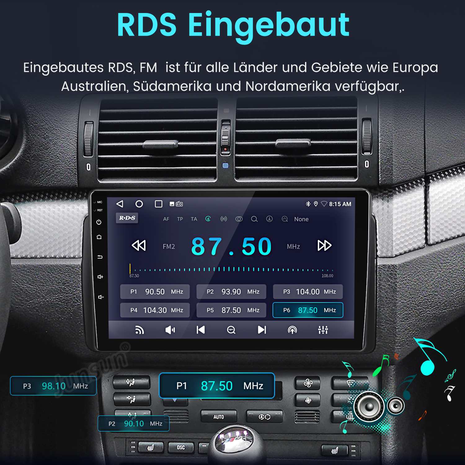 Autoradio-Bildschirm mit der FM-Frequenz 87,50 MHz. Tasten und das Innere des Autos sind sichtbar.