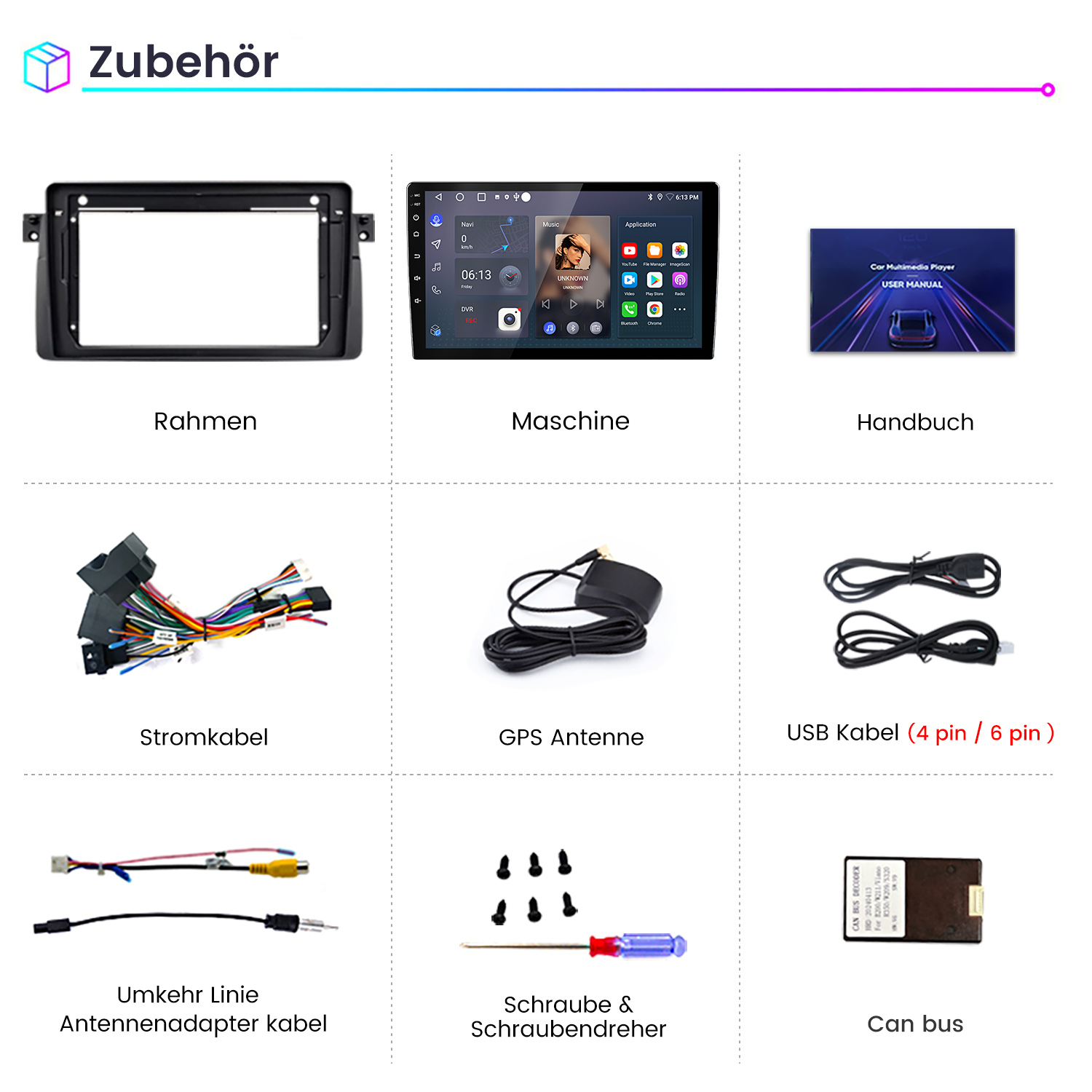 Das Bild zeigt Auto-Multimedia-Zubehör: Rahmen, Maschine, Handbuch, Kabel, Antenne, USB, Rückfahrlinie, Schrauben und Can-Bus.