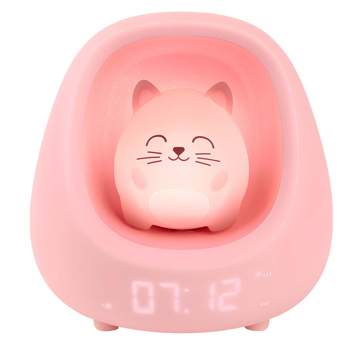 Ein rosa katzenförmiger Wecker. Die Uhrzeit 07:12 wird angezeigt. Die Uhr hat eine rosa Katze im Inneren. AM- und PM-Anzeigen sind sichtbar.
