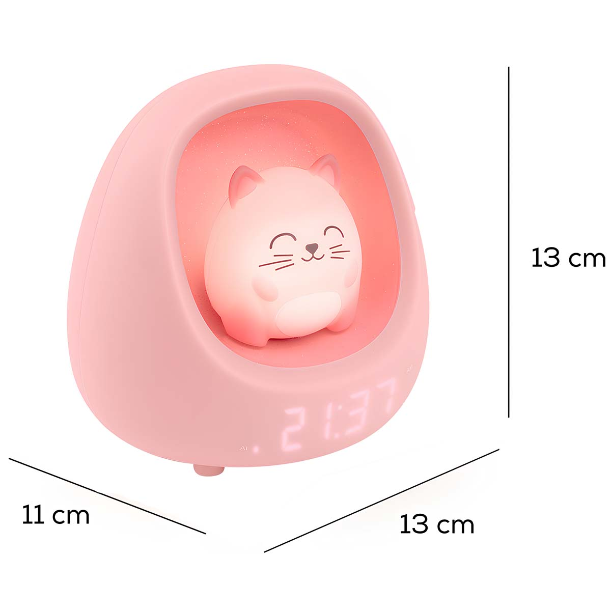 Ein rosa katzenförmiges Nachtlicht mit einer Digitaluhr, die 21:37 anzeigt. Abmessungen sind 13x11x13 cm.
