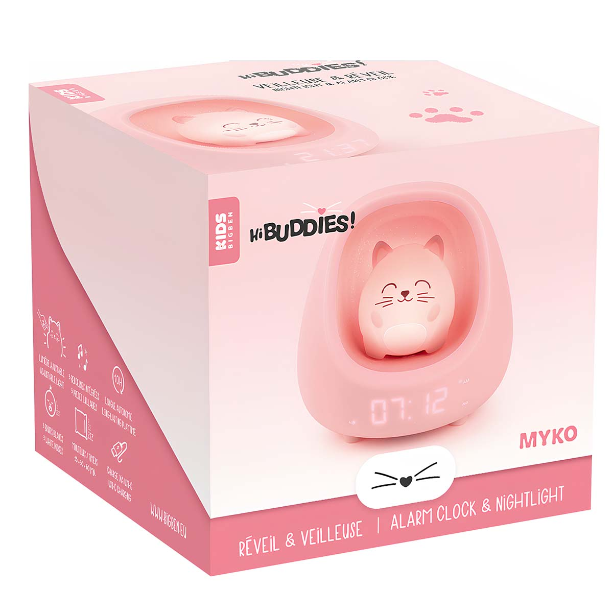 Ein rosa katzenförmiges Nachtlicht und Wecker in einer Box. Die Uhr zeigt 07:12 an. Auf der Box steht 'Hi Buddies!'
