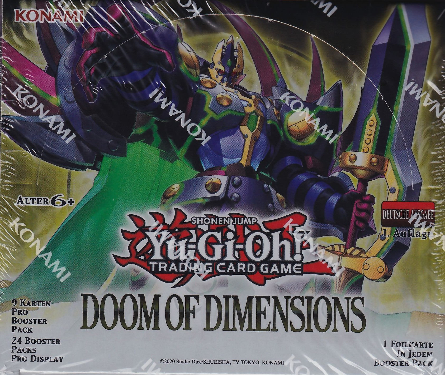 Eine Yu-Gi-Oh!-Sammelkartenspielbox. Zeigt eine Roboterfigur mit einem großen Schwert. Auf der Box steht "Doom of Dimensions".