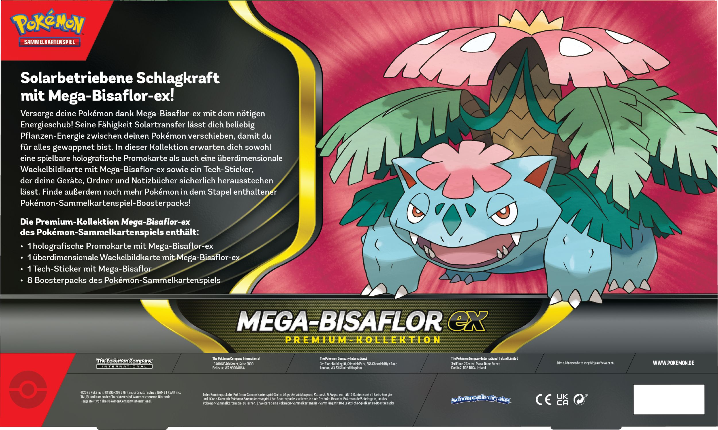 Eine Pokémon-Kartenbox mit einem Mega-Bisaflor-Bild. Text auf Deutsch und Englisch. Mit blauem und rosa Wesen.
