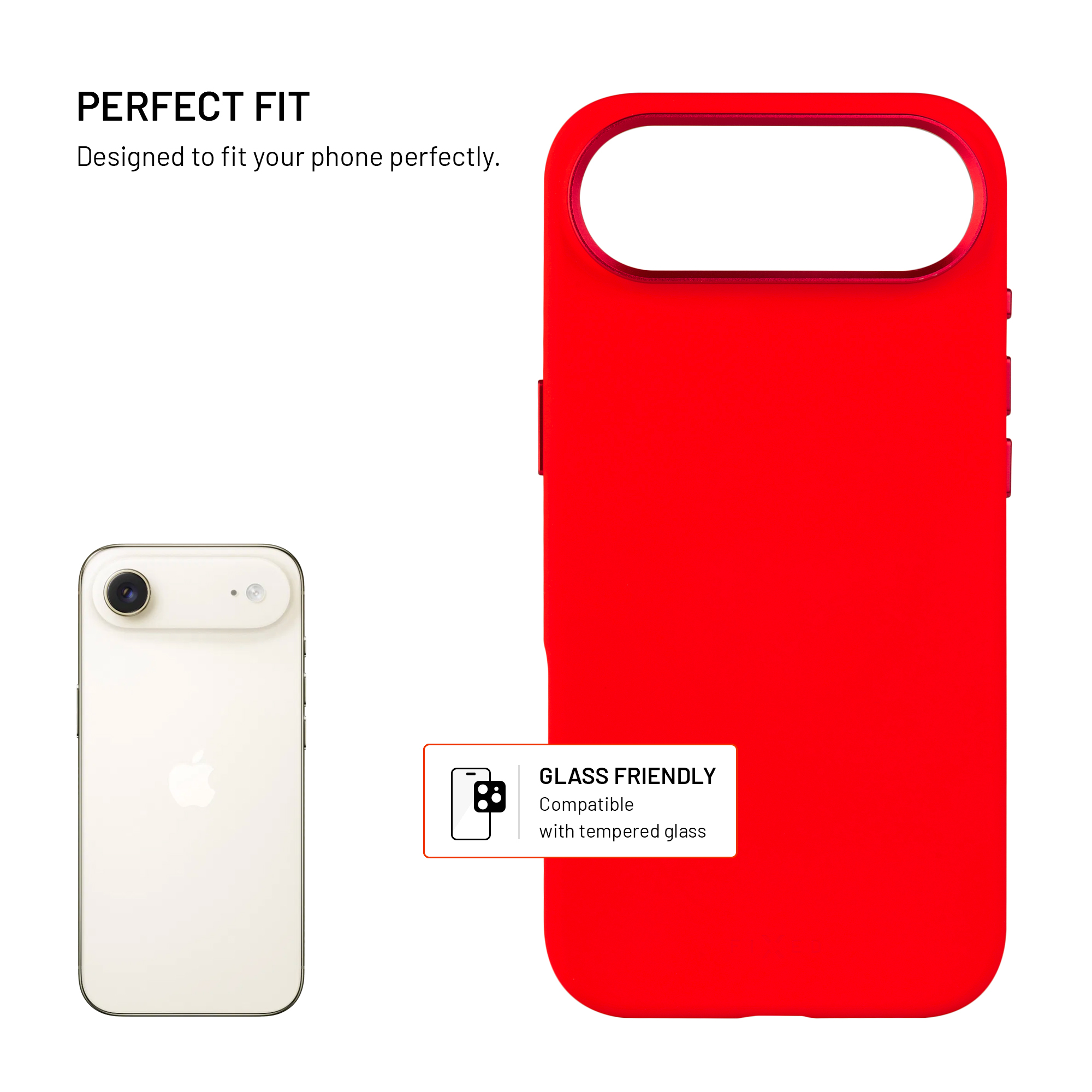 Eine rote Handyhülle neben einem Telefon. Text sagt 'PERFECT FIT' und 'GLASS FRIENDLY'.