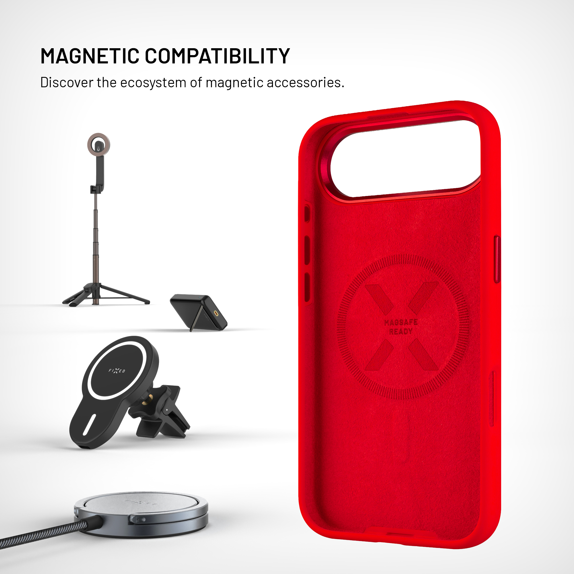 Eine rote Handyhülle mit magnetischem Zubehör, darunter ein Ladegerät, ein Ständer und eine Autohalterung, vor weißem Hintergrund.