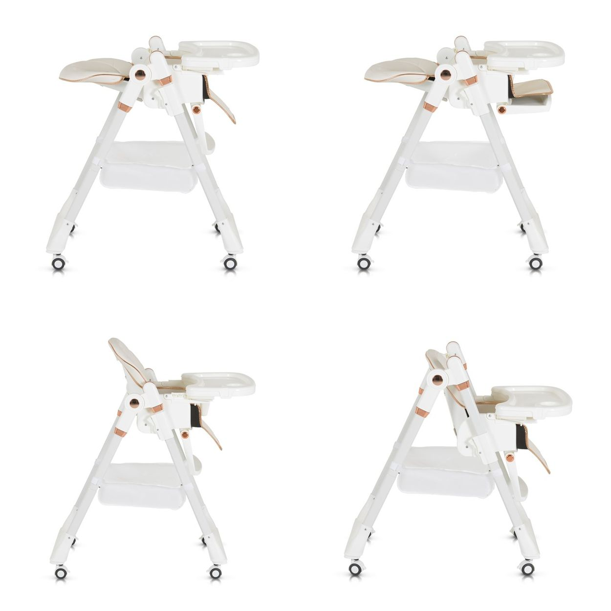 Vier weiße Babyhochstühle. Jeder hat ein Tablett, einen Sitz und Räder. Beige Akzente sind auf den Sitzen sichtbar.