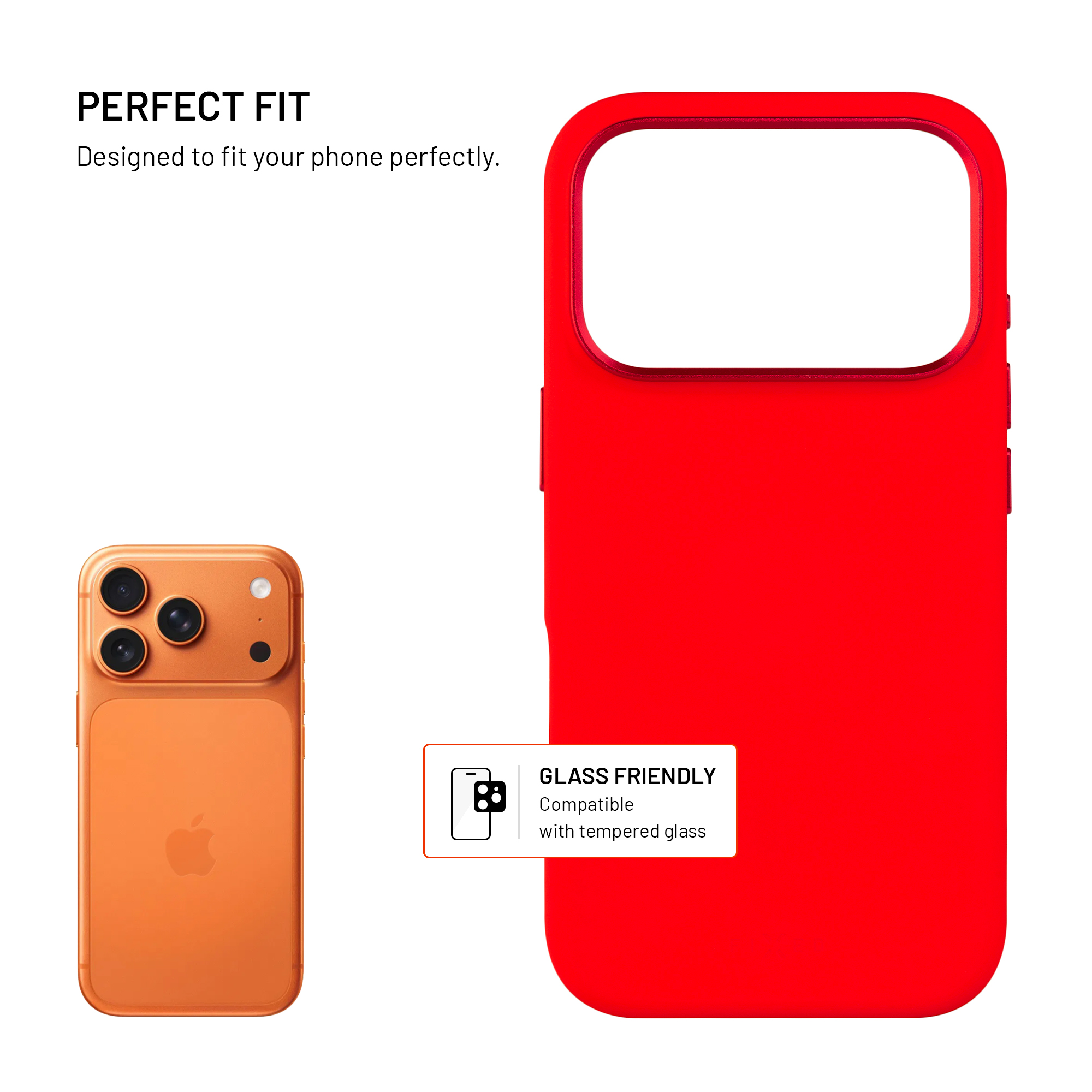 Ein orangefarbenes Telefon neben einer roten Handyhülle. Die Hülle hat einen Ausschnitt für die Kamera. Text sagt 'GLASS FRIENDLY'.