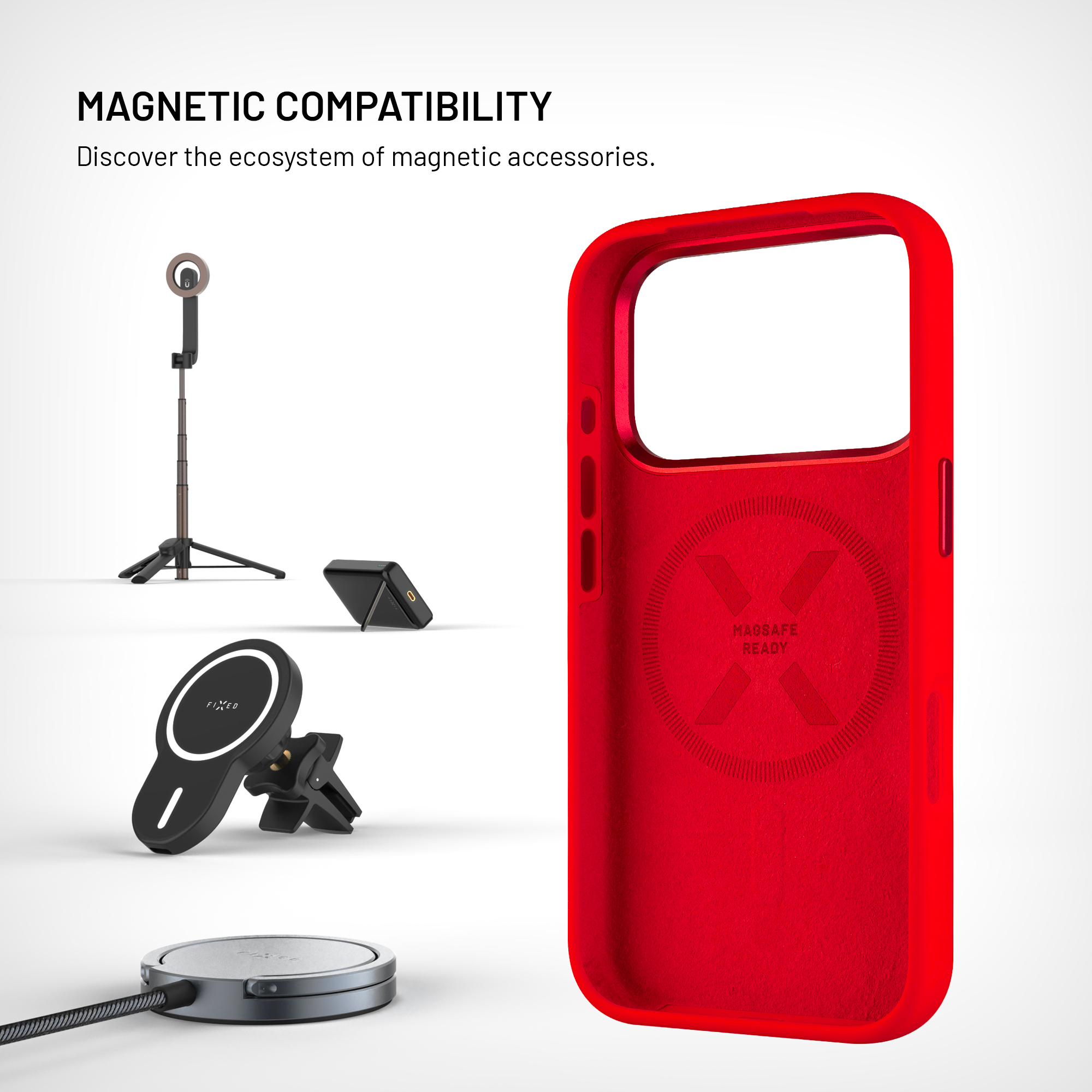 Das Bild zeigt eine rote Handyhülle und magnetisches Zubehör, darunter ein Ladegerät, eine Telefonhalterung und einen Ständer.