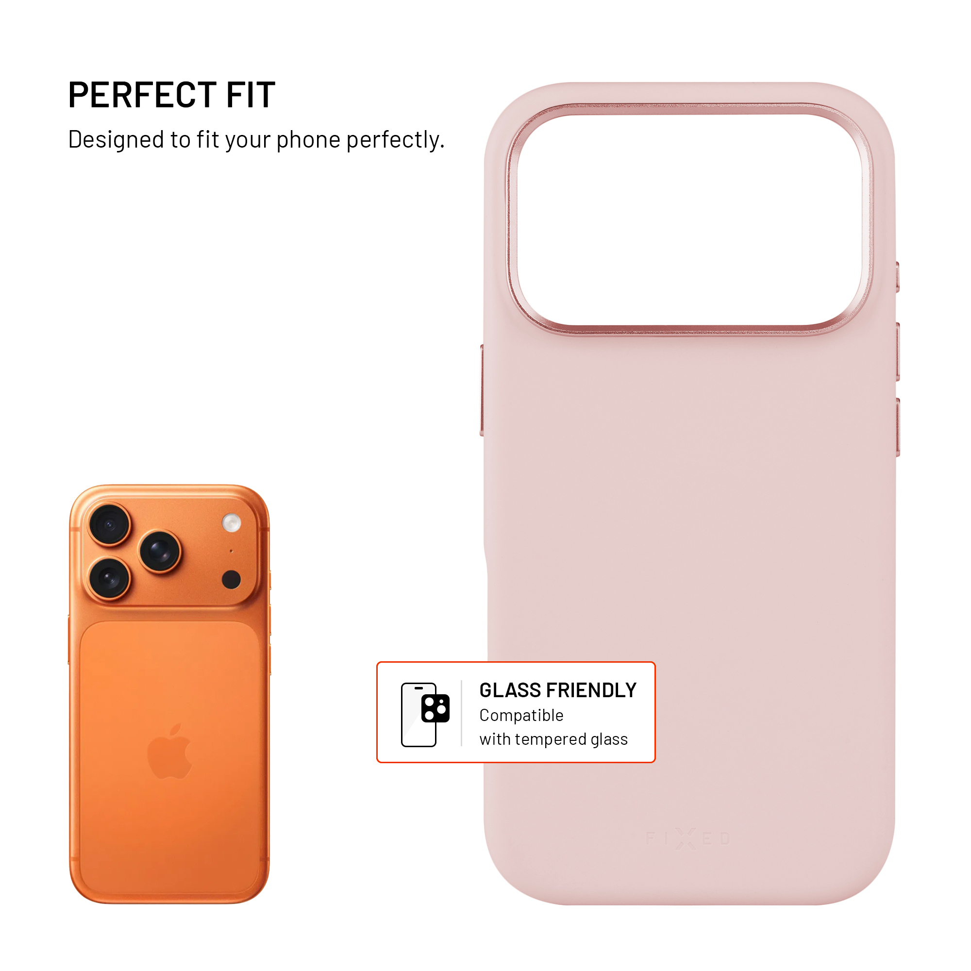 Ein orangefarbenes Telefon neben einer rosa Handyhülle. Text lautet 'Perfect Fit' und 'Glass Friendly'.