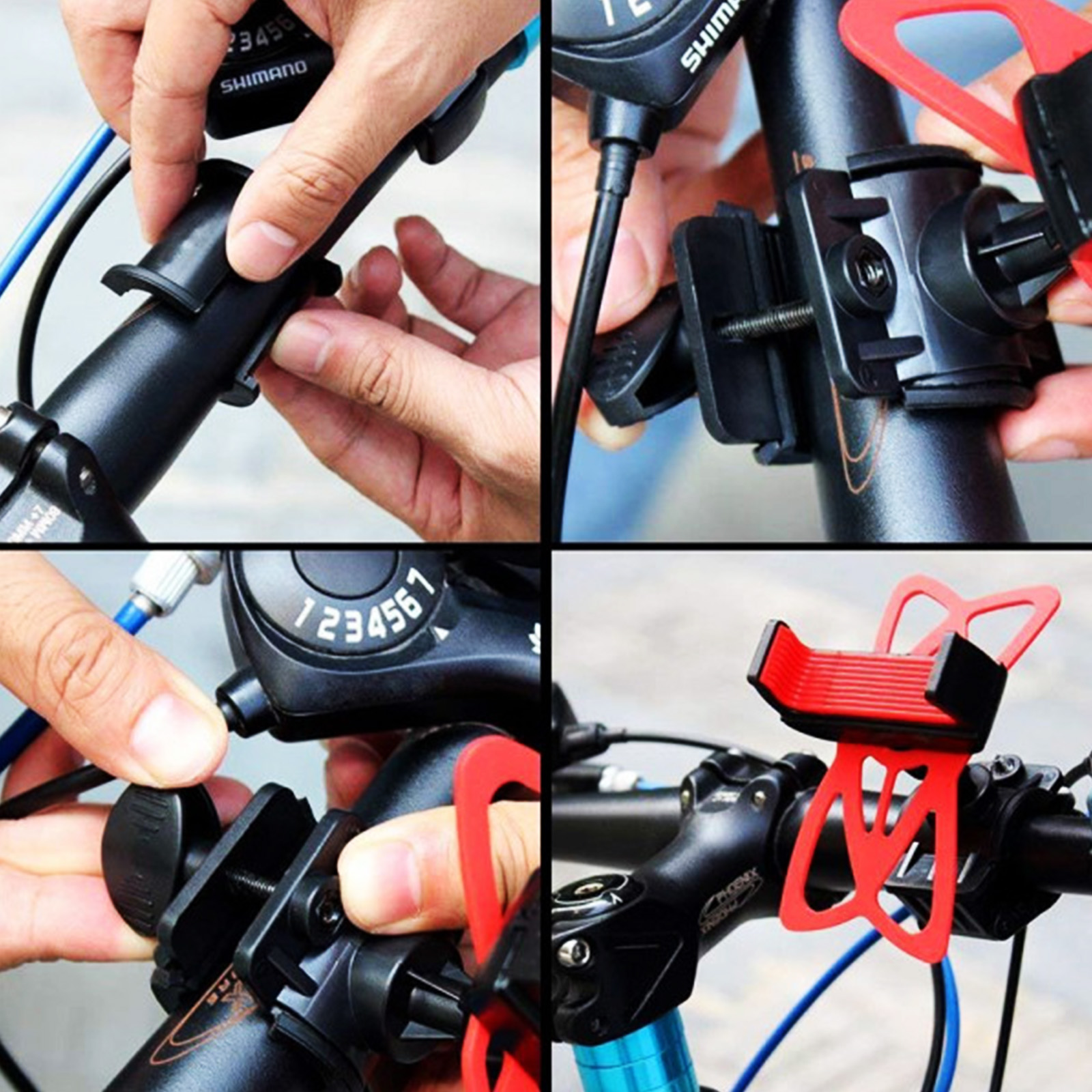 Un supporto per manubrio della bici in fase di montaggio. Vengono fissati parti nere e rosse. Le mani sono mostrate mentre assemblano le parti.
