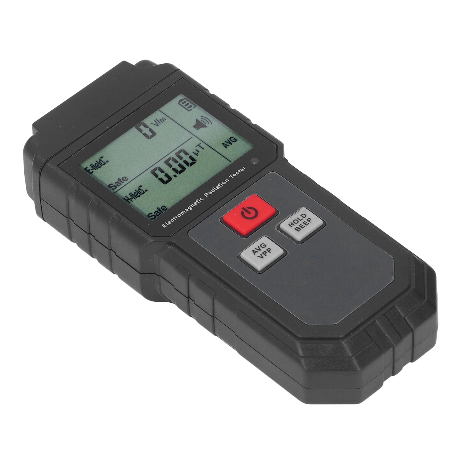 Ein schwarzes elektromagnetisches Strahlungsmessgerät mit Digitalanzeige. Tasten sind Ein/Aus, Halten und Funktionsoptionen.