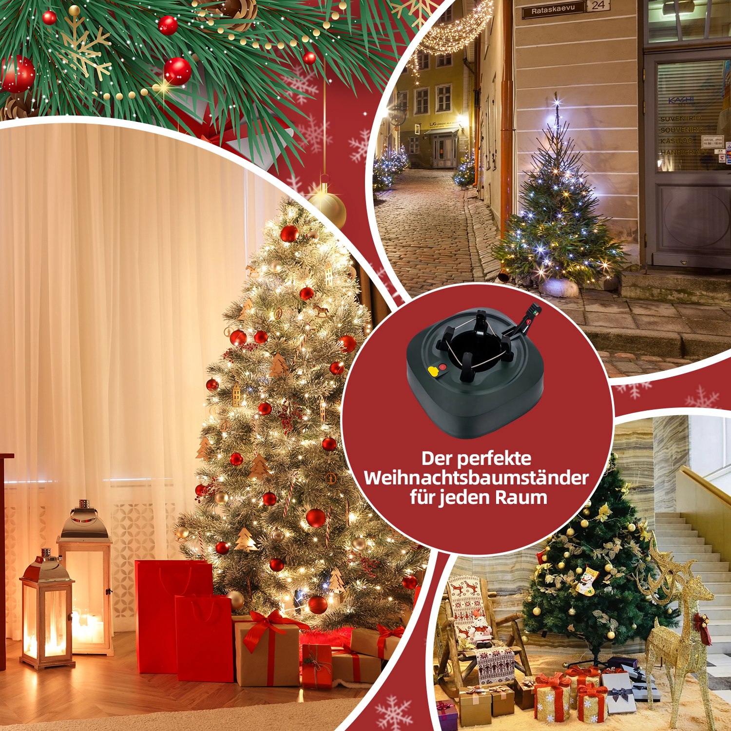 Eine Collage, die einen Weihnachtsbaum, eine Straßenszene mit einem Baum und einen Ständer zeigt. Geschenke liegen unter dem Baum, mit Laternen.