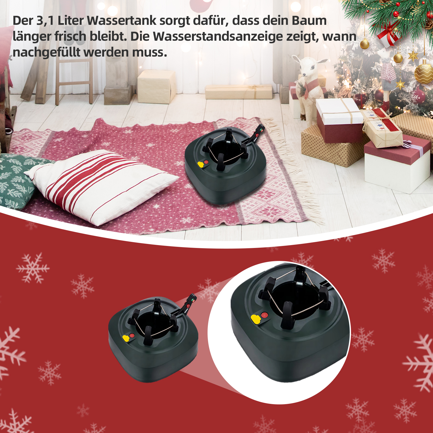 Christbaumständer mit Baum im Hintergrund. Geschenke, Teppich und Kissen im Vordergrund, mit Schneeflocken.