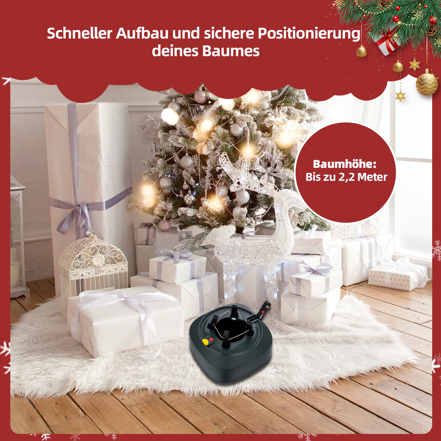 Weihnachtsszene mit Baum, Geschenken und Weihnachtsbaumständer. Weiße Geschenke, ein flauschiger Teppich und Rentierornament.