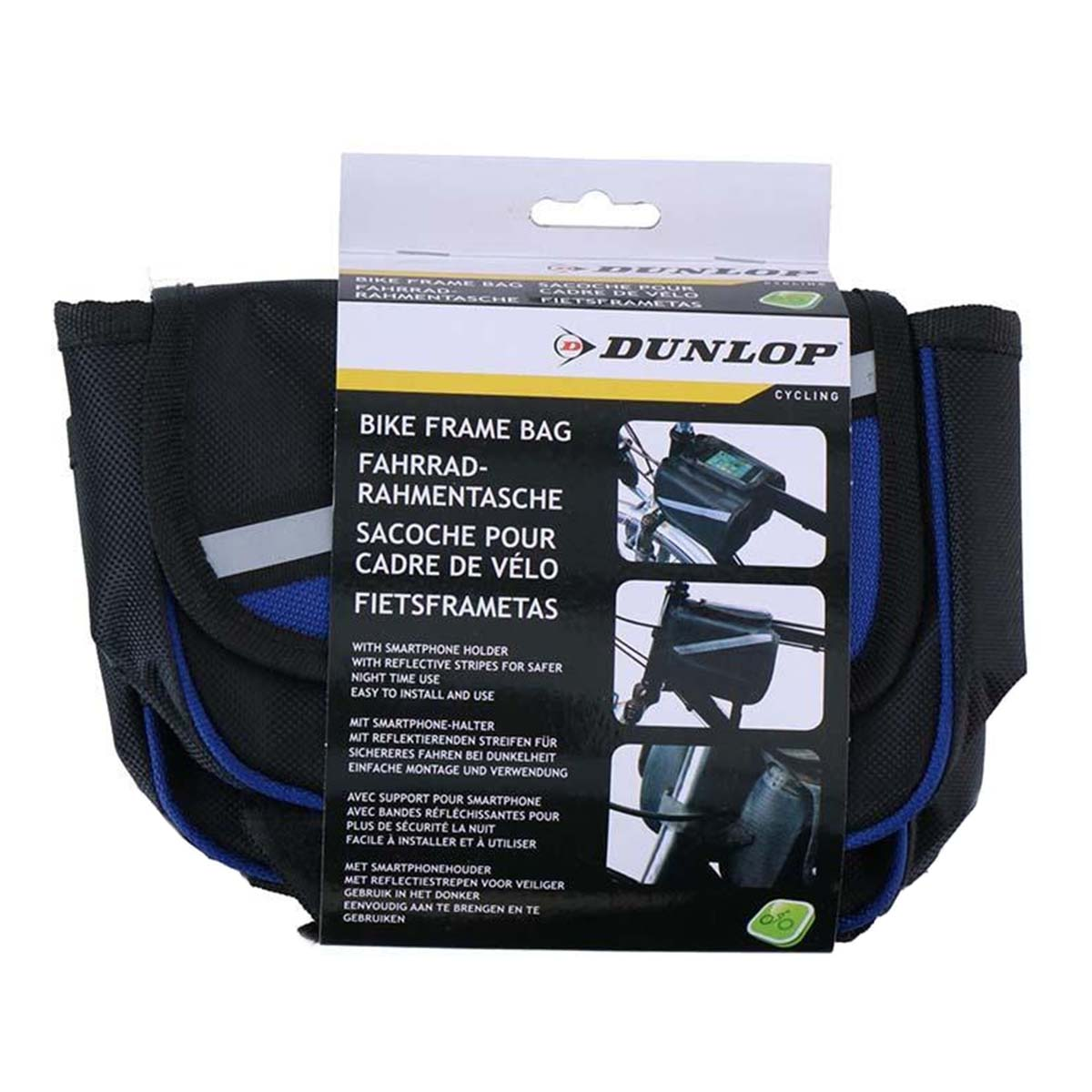 Sacoche de cadre de vélo avec un design noir et bleu, l'emballage montre un vélo avec un sac attaché et le logo Dunlop.