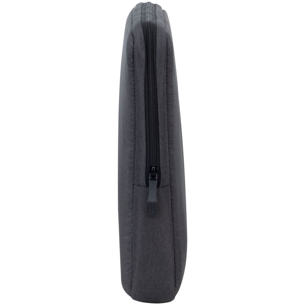 Szare etui na laptopa z czarnym zamkiem błyskawicznym wzdłuż boku. Etui jest prostokątne i ustawione pionowo.
