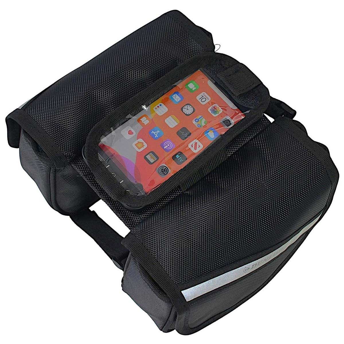 Schwarze Fahrradtasche mit Telefon in einem transparenten Fenster. Der Telefonbildschirm zeigt App-Symbole. Ein silberner Reflexstreifen an der Seite.